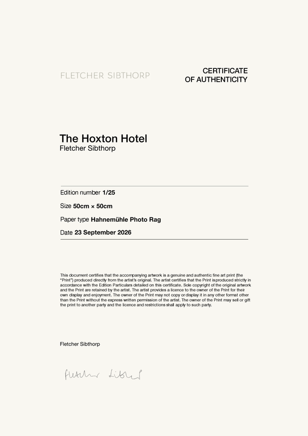 The Hoxton Hotel — Certificate of Authenticity