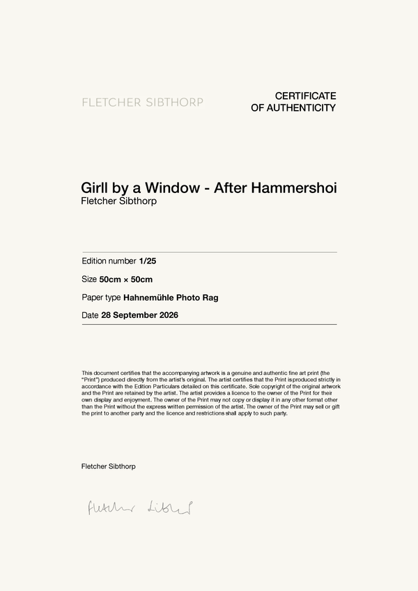 Girll by a Window - After Hammershoi — Certificate of Authenticity